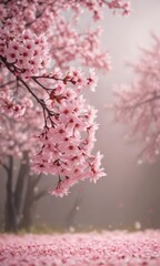 Naklejka premium Delicate pink sakura petals drift on a soft-focus background of a blossoming sakura tree , floral, nature