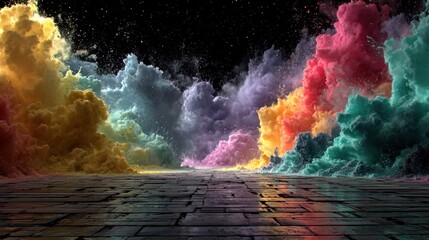 Vibrant Colorful Cloudscape over Stone Path Fantasy Landscape Digital Art