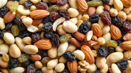 Close-up view of a colorful mix of nuts and dried fruit.