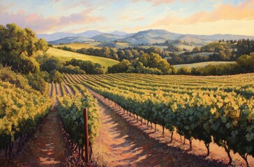 Fototapeta premium Warm evening light over a vineyard in late summer