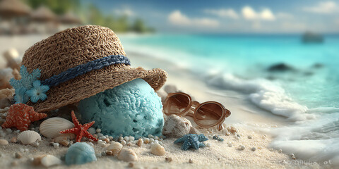 a bright shot of a soft ice cream cone with beach essentials like a straw hat and sunglasses, suggesting a delightful day at the shore.
