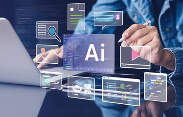 Fototapeta na wymiar Unlock your full work potential through the power of AI tools.Man using intelligence technology automation with results in creativity.