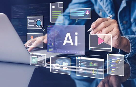 Unlock your full work potential through the power of AI tools.Man using intelligence technology automation with results in creativity.