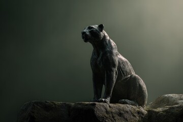 Obraz premium A majestic feline sculpture sits on a rocky outcrop.