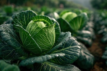 Obraz premium Fresh Green Cabbages Growing in Field Ready for Harvest with Dew Droplets on Leaves and Vegetable Plants