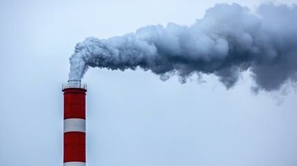 Red and white industrial smokestack emitting thick grey and white smoke against a light grey sky