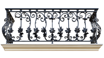 Ornate black wrought iron balcony railing section, decorative scrollwork, classic European style, ultra HD photo, isolated on transparent  background