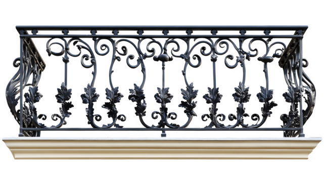 Ornate black wrought iron balcony railing section, decorative scrollwork, classic European style, ultra HD photo, isolated on transparent  background