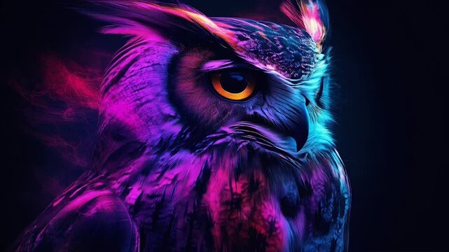 owl with neon light on black background