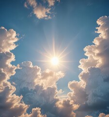 Distressed paper, vibrant blue sky, fluffy clouds, sun glow  Vintage, nostalgic feel ,  parchment,  glow