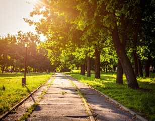 Fototapeta premium Serene Pathway Through Lush Green Trees in a Tranquil Park Setting