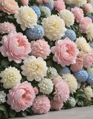 Pastel roses, peonies & hydrangeas create a vintage floral wall backdrop ,  photo background,  vintage backdrop