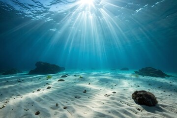 Fototapeta premium Sunbeams Illuminate Underwater Seascape Sandy Ocean Floor Rocks