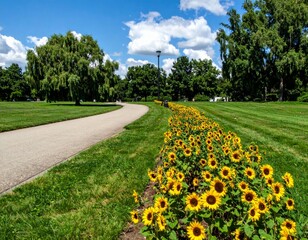 Obraz premium Vibrant Sunflower Line Along Park Pathway Under Bright Blue Skies