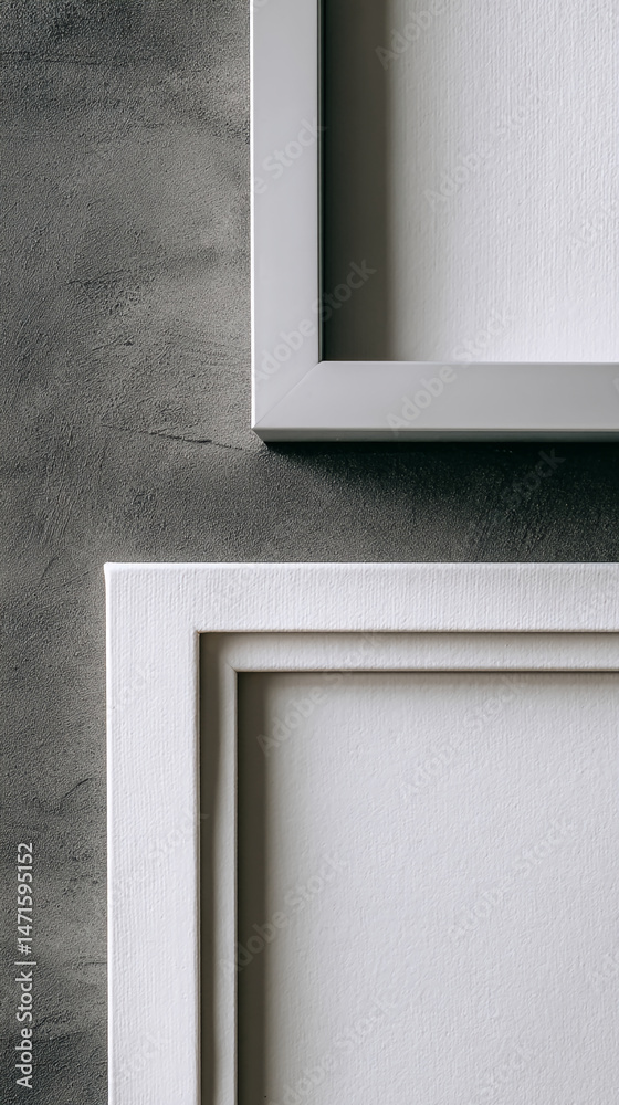 Poster two white picture frames against a gray textured wall, showcasing blank spaces ideal for text or adv