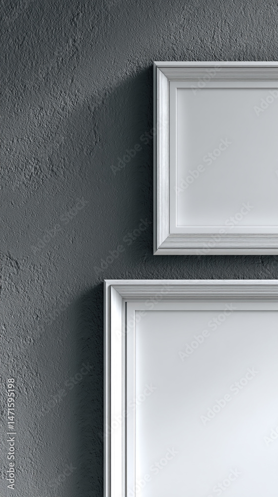 Poster two white frames against a dark gray textured wall mockup, showcasing blank space for text or image 
