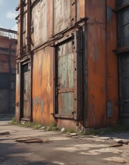 Distressed urban industrial scene; rusted metal accents, chipped paint, peeling paint, building, aged