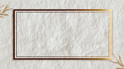 Fototapeta premium Golden rectangle frame on textured beige background with dried floral accents.