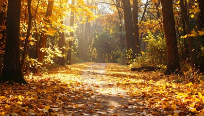 Obraz premium Sunlit Autumn Path Through Golden Forest