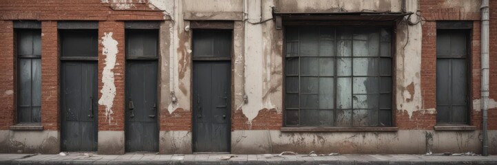 Distressed urban building exterior; crumbling paint, oxidized metal details, architecture, steel