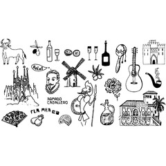 hand-drawn spanish cultural icons including flamenco dancer, bull, guitar, windmill, wine, and traditional architecture, perfect for artistic, cultural, or travel-themed projects.