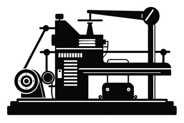 Industrial machine features distinct pulley system and overhead arm within complex mechanical assembly