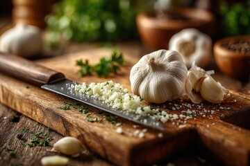 Whole garlic bulb and minced garlic on a knife blade atop rustic wooden cutting board prepared for gourmet cooking.