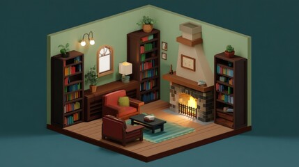 Cozy 3D Low-poly Isometric Living Room with Fireplace and Bookshelves