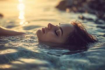 Fototapeta premium Beautiful woman relaxing in outdoor spa pool. Close-up face of attractive girl with closed eyes enjoying vacation at resort.