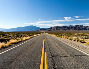 Open Road Stretching Into Mountains Under Clear Blue Sky