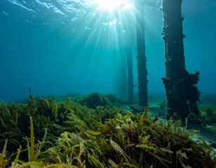 Obraz premium Underwater Scene with Sun Rays and Aquatic Plants in Ocean Depths