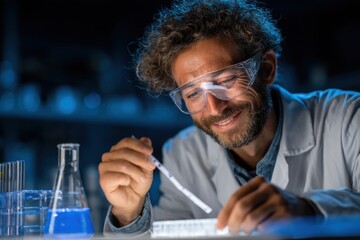 Scientist with protective eyewear works in lab setting while analyzing samples and recording data, focusing on a biomedical study