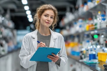Woman in lab coat records data on clipboard inside a science research facility filled with equipment and glassware.