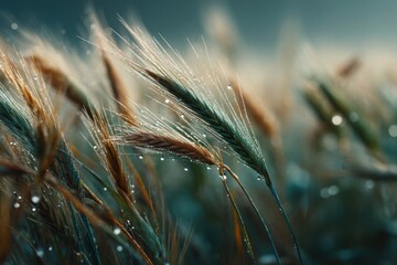 Delicate blades of wild grass with glistening water droplets, displaying natural textures and gentle organic colors