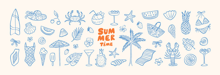 Fototapeta na wymiar Summer vacation doodle illustration set. Beach and sea travel elements. Hand drawn palm tree, fruit, lobster, seafood, shell, bikini, cocktail. Coastal collection for card, prints, wedding invitation.