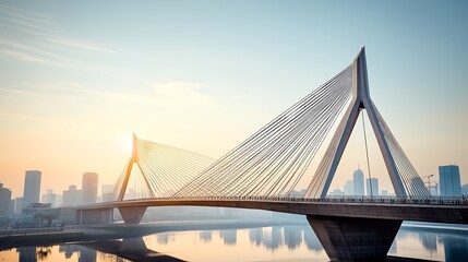 Fototapeta premium Modern cable-stayed bridge over a calm river at sunrise