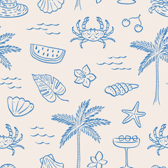 Summer vacation seamless pattern. Sketch drawing. Coastal sea simple print. Hand drawn palm tree, flower, crab, shell, watermelon cocktail. Marine beach background. Vector illustration.
