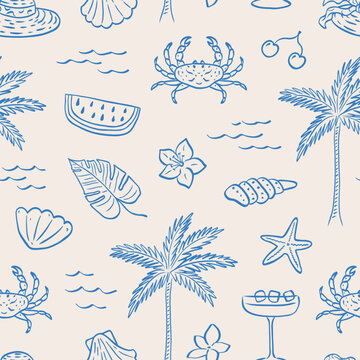 Summer vacation seamless pattern. Sketch drawing. Coastal sea simple print. Hand drawn palm tree, flower, crab, shell, watermelon cocktail. Marine beach background. Vector illustration.