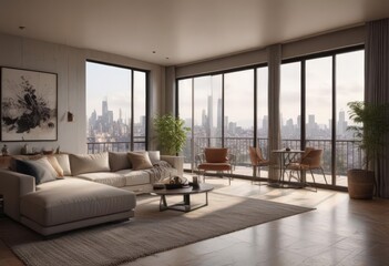 Fototapeta premium Expansive living room, balcony access, city backdrop, contemporary, sophisticated, skyline