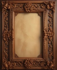 Deeply carved wooden frame with floral motifs encloses antique scroll; ethereal glow , shadow, ethereal