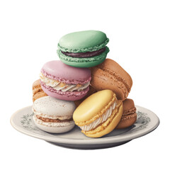 Obraz premium Delicious macarons on plate bakery food photography transparent background close-up view