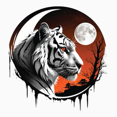 Blood Moon Warm, A Gothic Portrait Tiger in Ink and Flame, Tiger T-shirt Vector Design, Logo Type.