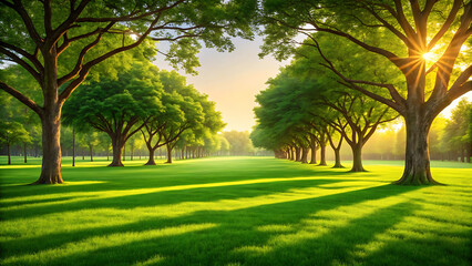 Fototapeta premium Beautiful green park avenue lined with trees and bright sunlight illuminating the grass