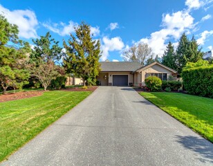 Beautiful Single-Story House Surrounded by Lush Greenery and Trees