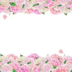 Watercolor frame of hand drawn pink, light green and coral hydrangea flowers isolated on a white background. Horizontal page template.