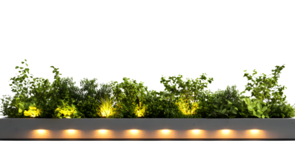 Series of short guide lights integrated into the base of a low garden divider wall, safety lighting, hyperrealistic rendering, isolated on transparent  background