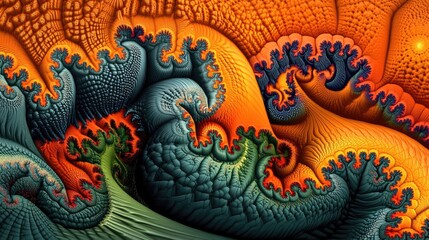 Fototapeta premium Vivid fractal art showcasing swirling, organic forms in teal, orange, and green hues