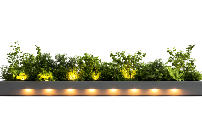 Series of short guide lights integrated into the base of a low garden divider wall, safety lighting, hyperrealistic rendering, isolated on transparent  background