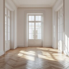 Obraz premium Empty, sunlit room with ornate white trim and hardwood flooring.