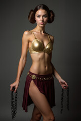 A striking woman poses confidently, embodying the iconic science fiction Princess character